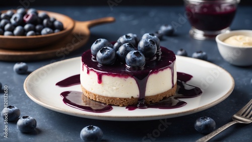 Fresh blueberries and blueberry syrup sauce on round molded mini cheesecake on white plate on table with blue background