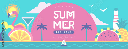Retro flat summer big sale poster with flamingo, tropic fruits and mermaid tail. Vector illustration