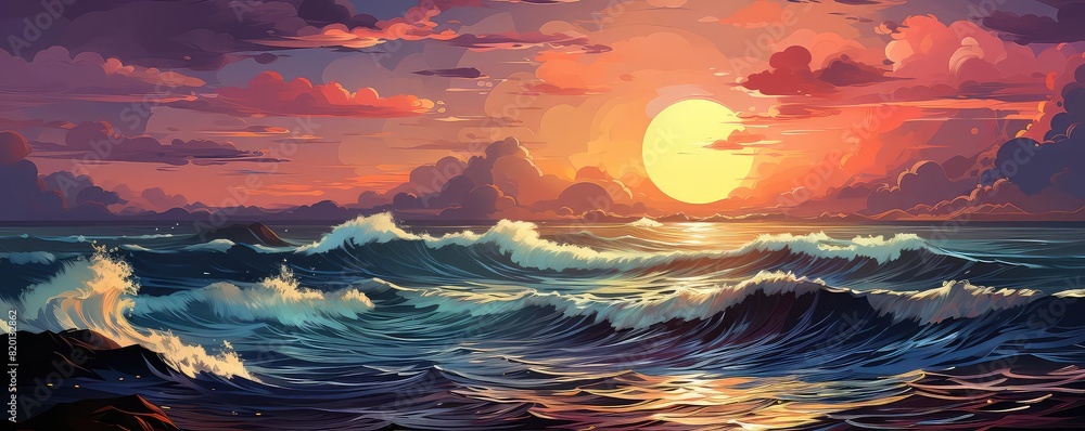 Ocean View during sunset flat design top view romantic evening theme animation Tetradic color scheme Ocean View during sunset flat design top view romantic evening theme animation Tetradic color scheme