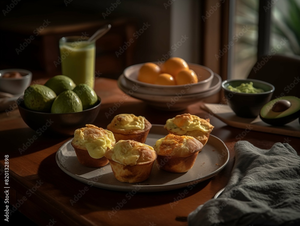 Beautifully Set Breakfast Table with Avocado Egg Muffins, Spinach, and Tomatoes