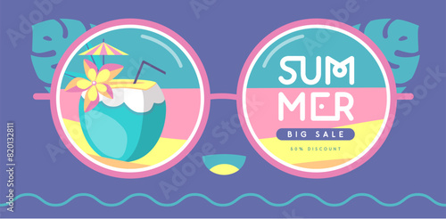 Retro flat summer big sale poster with round sunglasses silhouette and pina colada cocktail. Vector illustration