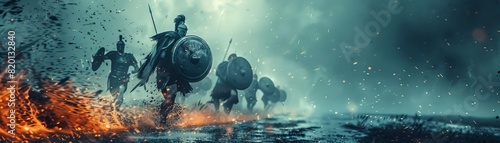 A group of ancient warriors charge into battle. The soldiers are armed with spears and shields and are wearing armor. The background is a blur of motion and color. photo