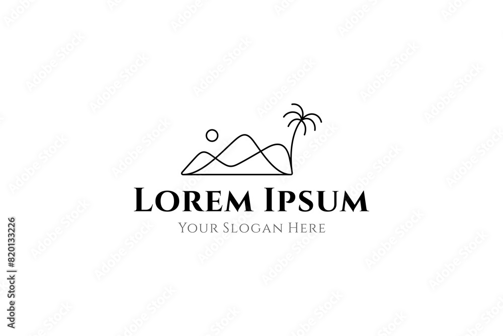 mountain logo with coconut tree and sun in linear design mountain logo with coconut tree and sun in linear design