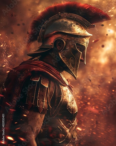 A spartan warrior stands tall and proud, his armor gleaming in the sunlight. He is ready to fight for his homeland and protect his people. photo