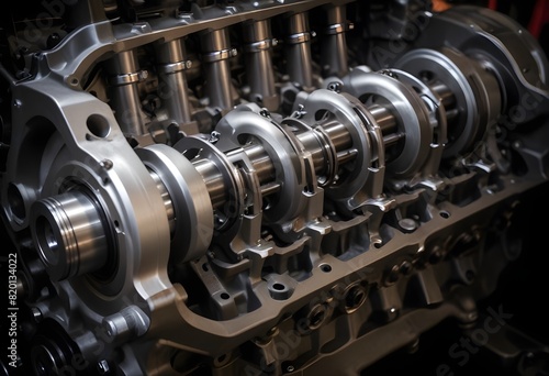 Close-up of the internal components of an engine, including the pistons and crankshaft