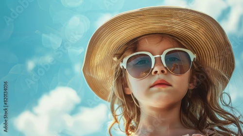 Outdoor portrait of young girl in sunglasses and large hat, summer vibes