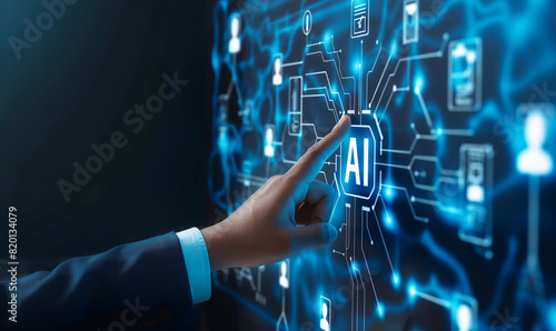 Businessman interacting with AI on digital touchscreen. Artificial intelligence, digital transformation, and technological innovation.