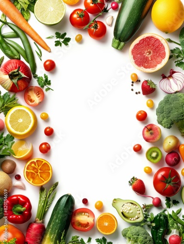 PrintBanner from various vegetables and fruits isolated on white background  top view  creative flat layout. Concept of healthy eating  food background. Frame of vegetables with space for text.