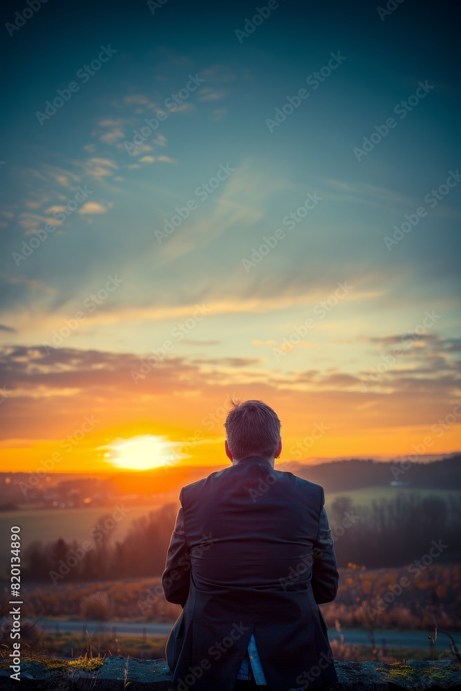 Person Sitting on Bench Watching Sunset. Generative AI