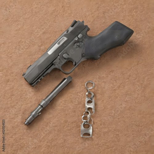 A close up shot of a pistol and a spare part on a brown background
