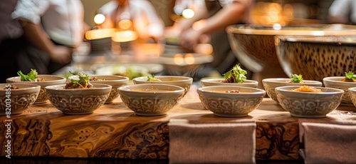 In the kitchen, a chef diligently prepares numerous bowls of soup, each one crafted with care and expertise. © Murda