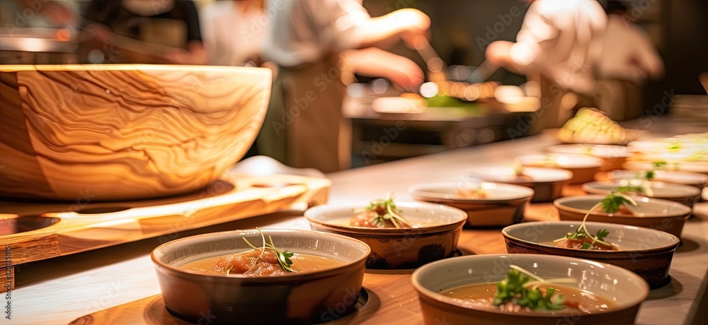 Fototapeta premium In the kitchen, a chef diligently prepares numerous bowls of soup, each one crafted with care and expertise.