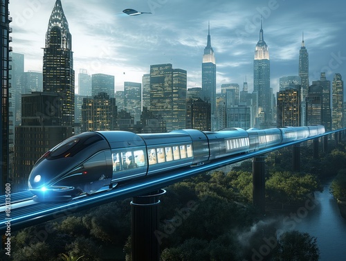 A futuristic train is traveling through a city with tall buildings in the background. The train is surrounded by a green forest  and the sky is cloudy. Scene is futuristic and urban