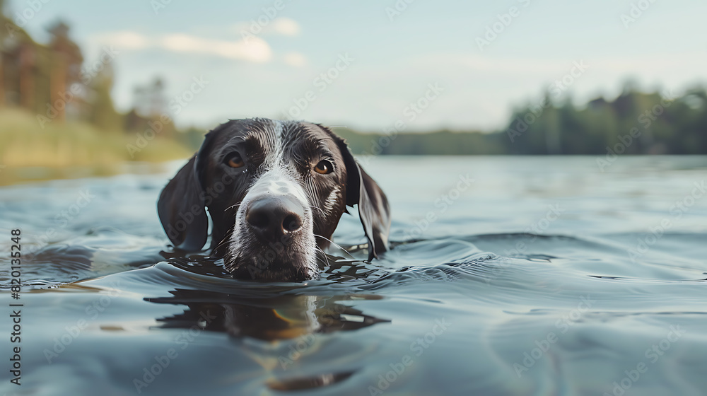 a dog swimming in a lake with trees in the background a dog swimming in a lake with trees in the background