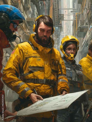A team of engineers in hazmat suits plan their next move in a post-apocalyptic cityscape.