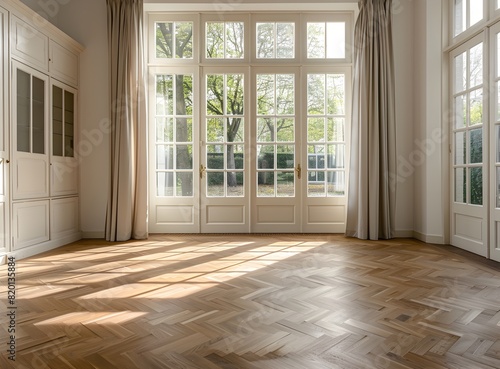 Beautiful empty room with parquet floor and window in Amsterdam  white walls
