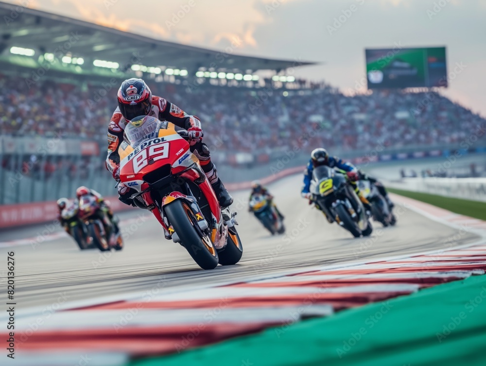 A man on a motorcycle is racing on a track with other racers. The man is wearing a red and black outfit