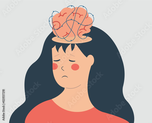 Sad woman with a brain surrounded by the prickly thorns. Female with limited creativity. Brain restriction or dysfunction. Mental health illness and neurological disorders concept. Vector illustration