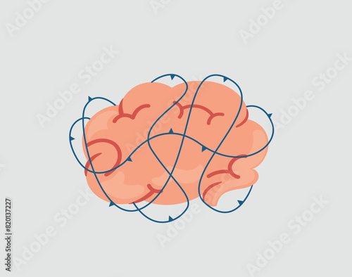 Illustration of a brain surrounded by the prickly thorns due to restrictions. Brain has limitations and dysfunction. Concept of mental health illness and neurological disorders. Vector illustration