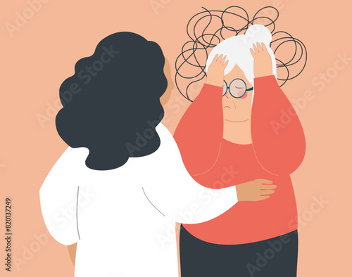 An elderly person has amnesia or dementia get a special special care. Nurse or social worker helps or supports a senior woman with Alzheimer disease. Memory loss and mental health disorder concept. 