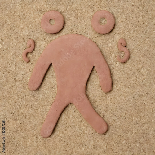 Gingerbread man with question marks on a cork board.