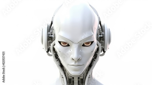 Smart android head close up with humanoid features. Futuristic robot face concept with white sleek design. AI and robotics concept for design and technology. Artificial intelligence concept. AIG35.