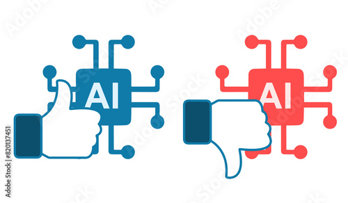 sondaggio  Like icon con testa e globo con fondo trasparente , like positivo like negativo rosso blu AI intelligenza artificiale