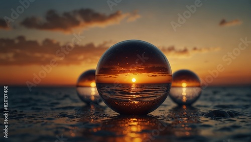 A picture of a sunset over the ocean with two glass balls,. © DEER FLUFFY