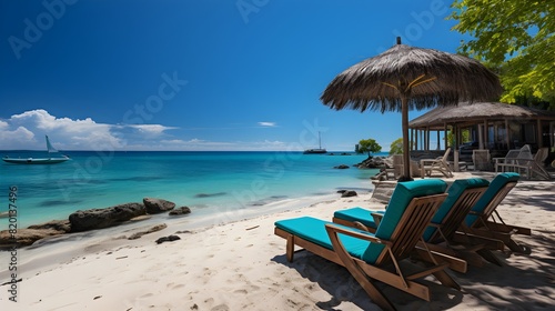 Peaceful serene paradise beach  people lounging on beach chairs under clear blue sky