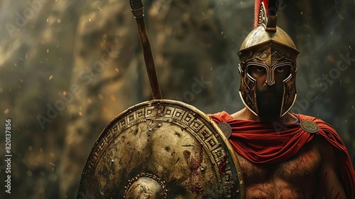A Spartan warrior stands ready for battle, his shield and spear at the ready. He is wearing a bronze helmet, and his red cloak billows in the wind. photo