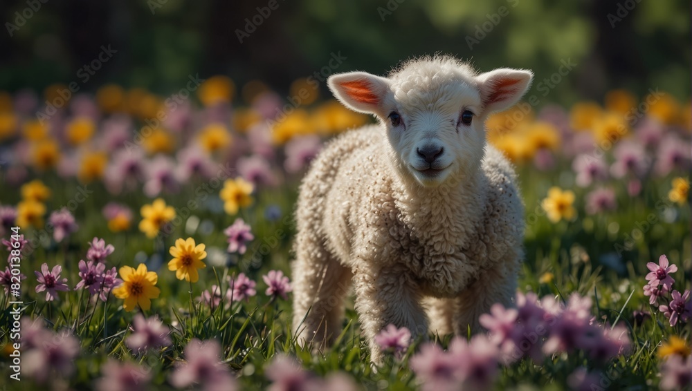 A cute baby spring lamb in a field of spring flowers. A cute baby spring lamb in a field of spring flowers.
