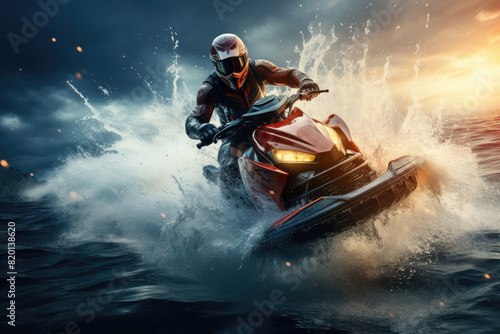 A man in full gear on a jet ski takes part in a race, cuts through the waves across the blue sea, ocean in cloudy weather