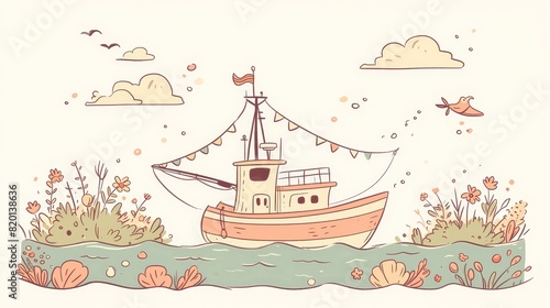 Little tugboat in cartoon style, vibrant and cheerful, simplified illustration for a baby s room decor photo