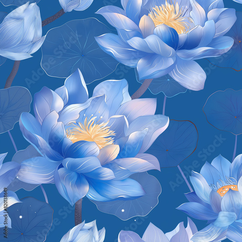 Seamless pattern with blue lotus flowers on a blue background. Floral card.