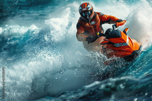 A man in full gear on a jet ski takes part in a race, cuts through the waves across the blue sea, ocean in cloudy weather