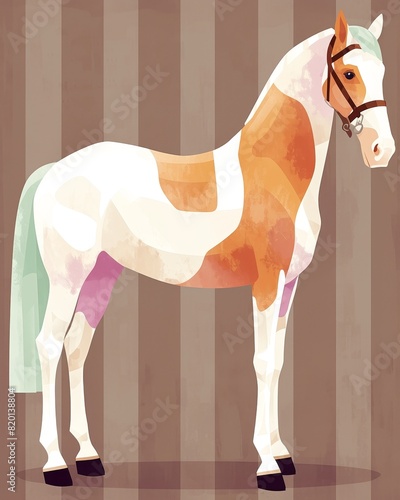 Stylized vector horse created with flat colors and basic shapes, set against a brown background, minimal vector aesthetics