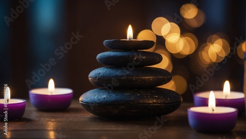 Aromatherapy Session, Relaxation Spa Therapy with Scents, Fragrances to See the Universe, Candle with Blurred Background, Divine Meditation Lighting. photo