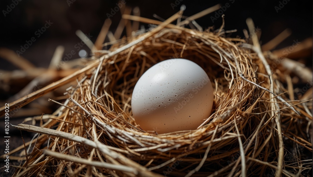Chicken egg in straw nest flat lay photo with Easter concept and space for copying. Chicken egg in straw nest flat lay photo with Easter concept and space for copying.