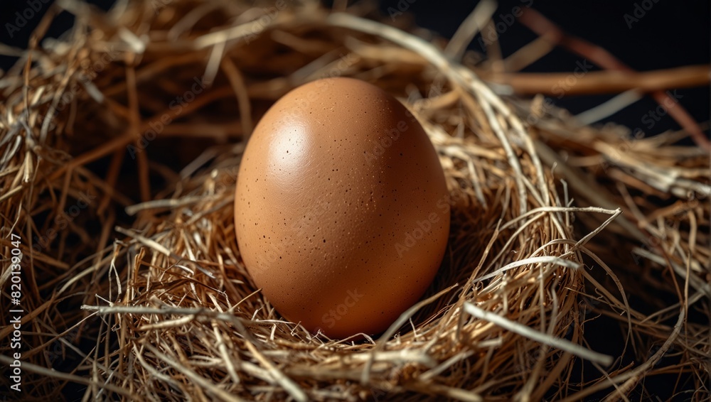 Chicken egg in straw nest flat lay photo with Easter concept and space for copying. Chicken egg in straw nest flat lay photo with Easter concept and space for copying.