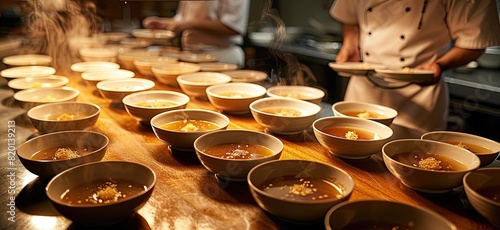 Behind the scenes, a chef is busy preparing a variety of soup bowls, showcasing culinary mastery with each carefully crafted dish.