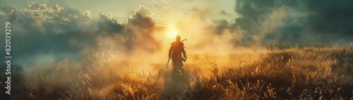 A lone warrior stands in a field of wheat, his back to the viewer