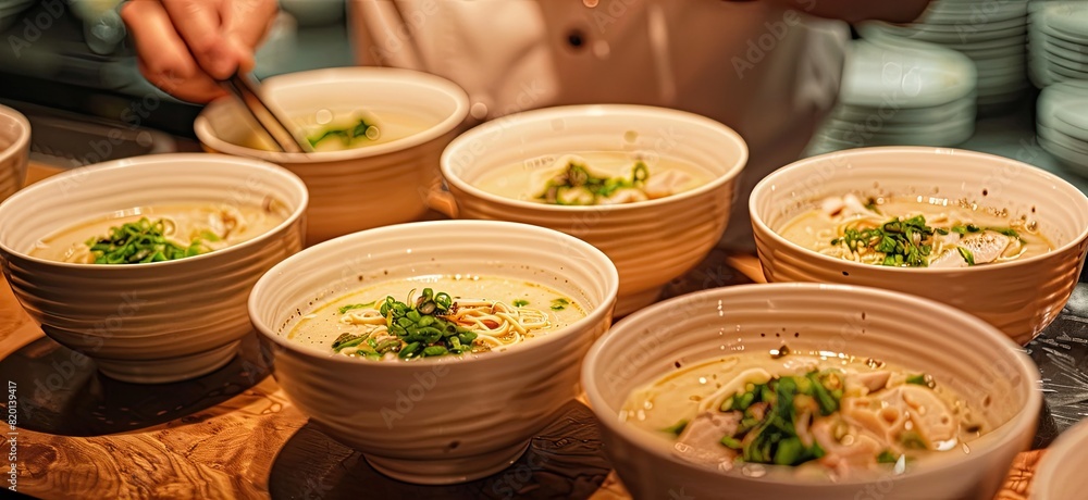 Behind the scenes, a chef is busy preparing a variety of soup bowls, showcasing culinary mastery with each carefully crafted dish. Behind the scenes, a chef is busy preparing a variety of soup bowls, showcasing culinary mastery with each carefully crafted dish.