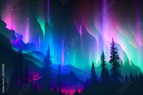Northern Lights, Norway Winter Aurora Borealis Painting, Polar Lights Abstract Generative AI Illustration photo