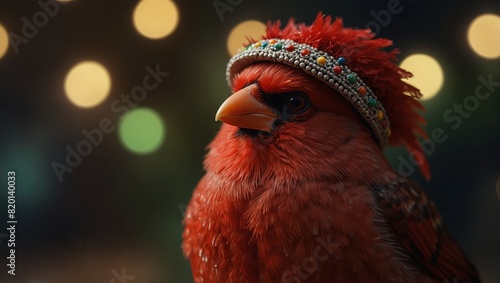 a cardinal bird dressed in mexican sombrero hat and clothing studio shot.