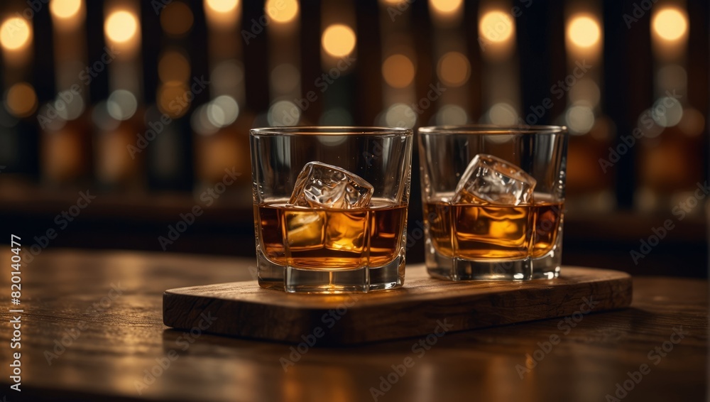 Two glasses of whiskey on a wooden bar with coasters,. Two glasses of whiskey on a wooden bar with coasters,.