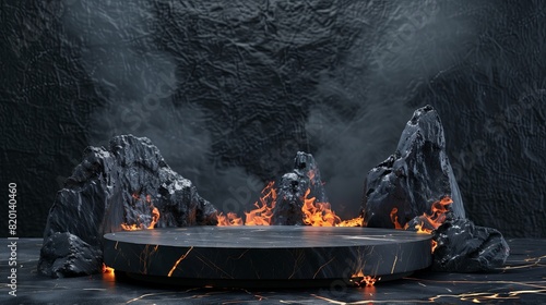 Pedestal stone podium with Fire on dark background for product display. Podium lava rocks.