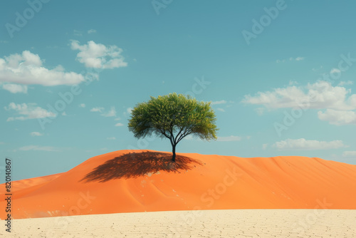 A tree is standing on a sandy hill in the desert