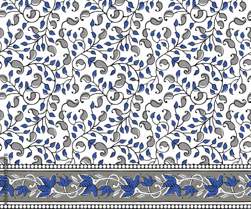 HAND DRAWN MONOCHROME BAROQUE, RENAISSANCE, FLORAL REPEAT PATTERN WITH BORDERS IN VECTOR
