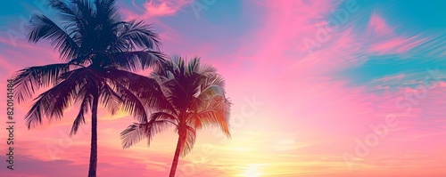 palm tree silhouettes against a gradient sunset background  tropical and serene