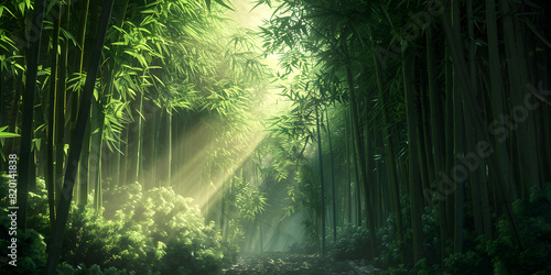 A bamboo forest showcasing the tall ,Fantasy Bamboo Forest with dense leaves. © Rabia